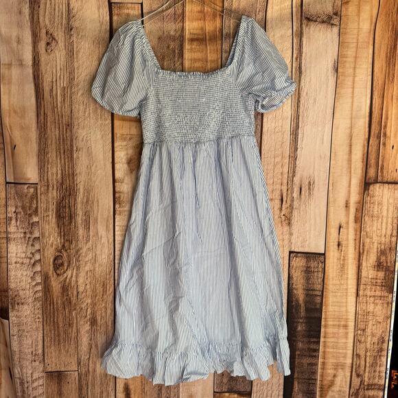 J. Crew Dress Striped Puff Sleeved Midi Blue White Summer Smocked NWT Large - Picture 1 of 8